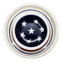 A picture of a Polish Pottery Zaklady Butter Crock (Stars & Stripes) | Y1512-D81 as shown at PolishPotteryOutlet.com/products/butter-crock-stars-stripes-y1512-d81