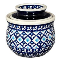 A picture of a Polish Pottery Butter Crock (Mosaic Blues) | Y1512-D910 as shown at PolishPotteryOutlet.com/products/butter-crock-mosaic-blues-y1512-d910