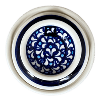 A picture of a Polish Pottery Zaklady Butter Crock (Mosaic Blues) | Y1512-D910 as shown at PolishPotteryOutlet.com/products/butter-crock-mosaic-blues-y1512-d910