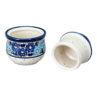 A picture of a Polish Pottery Zaklady Butter Crock (Garden Party Blues) | Y1512-DU50 as shown at PolishPotteryOutlet.com/products/zaklady-butter-crock-garden-party-blues-y1512-du50