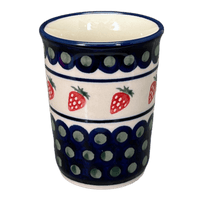 A picture of a Polish Pottery 10 oz. Tumbler (Strawberry Dot) | Y1519-A310A as shown at PolishPotteryOutlet.com/products/tumbler-strawberry-peacock-y1519-a310a