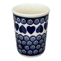 A picture of a Polish Pottery Zaklady 10 oz. Tumbler (Swirling Hearts) | Y1519-D467 as shown at PolishPotteryOutlet.com/products/10-oz-tumbler-swirling-hearts-y1519-d467