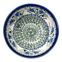 A picture of a Polish Pottery Deep 6.25" Bowl (Blue Tulips) | Y1755A-ART160 as shown at PolishPotteryOutlet.com/products/zaklady-6-25-bowl-blue-tulips-y1755a-art160
