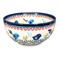 A picture of a Polish Pottery Deep 6.25" Bowl (Circling Bluebirds) | Y1755A-ART214 as shown at PolishPotteryOutlet.com/products/zaklady-6-25-bowl-circling-bluebirds-y1755a-art214