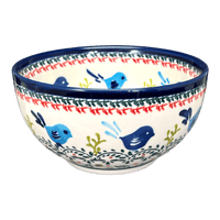 A picture of a Polish Pottery Zaklady Deep 6.25" Bowl (Circling Bluebirds) | Y1755A-ART214 as shown at PolishPotteryOutlet.com/products/zaklady-6-25-bowl-circling-bluebirds-y1755a-art214