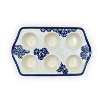 A picture of a Polish Pottery Zaklady Muffin Pan (Blue Floral Vines) | Y1778-D1210A as shown at PolishPotteryOutlet.com/products/muffin-pan-blue-floral-vines-y1778-d1210a