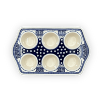 A picture of a Polish Pottery Zaklady Muffin Pan (Grecian Dot) | Y1778-D923 as shown at PolishPotteryOutlet.com/products/muffin-pan-geometric-peacock-y1778-d923
