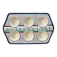 A picture of a Polish Pottery Zaklady Muffin Pan (Lilac Garden) | Y1778-DU155 as shown at PolishPotteryOutlet.com/products/zaklady-muffin-pan-du155-y1778-du155
