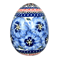 A picture of a Polish Pottery 4.5 " Painted Egg (Bloomin' Sky) | Y1807O2-ART148 as shown at PolishPotteryOutlet.com/products/4-5-painted-egg-blue-bouquet-in-mosaic-y1807o2-art148