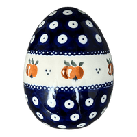 A picture of a Polish Pottery Zaklady 4.5 " Painted Egg (Persimmon Dot) | Y1807O2-D479 as shown at PolishPotteryOutlet.com/products/4-5-painted-egg-peacock-peaches-cream-y1807o2-d479