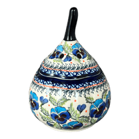 A picture of a Polish Pottery Zaklady Large Garlic Keeper (Pansies in Bloom) | Y1835-ART277 as shown at PolishPotteryOutlet.com/products/garlic-keeper-pansies-in-bloom-y1835-art277