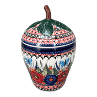 A picture of a Polish Pottery Zaklady Strawberry Canister (Butterfly Bouquet) | Y1873-ART149 as shown at PolishPotteryOutlet.com/products/berry-keeper-butterfly-bouquet-y1873-art149