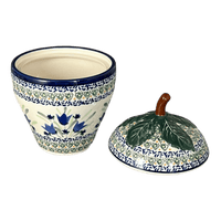 A picture of a Polish Pottery Canister, Strawberry, 8" in "Blue Tulips" by Zaklady | Y1873-ART160 as shown at PolishPotteryOutlet.com/products/berry-keeper-blue-tulips-y1873-art160