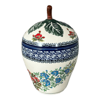 A picture of a Polish Pottery Strawberry Canister (Floral Crescent) | Y1873-ART237 as shown at PolishPotteryOutlet.com/products/berry-keeper-fields-of-flowers-y1873-art237