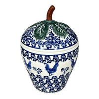 A picture of a Polish Pottery Zaklady Strawberry Canister (Rooster Blues) | Y1873-D1149 as shown at PolishPotteryOutlet.com/products/8-strawberry-canister-rooster-blues-y1873-d1149