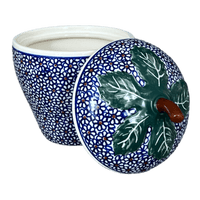 A picture of a Polish Pottery Zaklady Strawberry Canister (Ditsy Daisies) | Y1873-D120 as shown at PolishPotteryOutlet.com/products/8-strawberry-canister-ditsy-daisies-y1873-d120