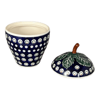 A picture of a Polish Pottery Strawberry Canister (Peacock Burst) | Y1873-D487 as shown at PolishPotteryOutlet.com/products/berry-keeper-peacock-burst-y1873-d487