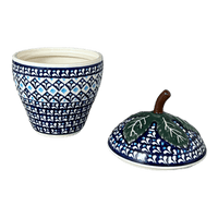 A picture of a Polish Pottery Zaklady Strawberry Canister (Mosaic Blues) | Y1873-D910 as shown at PolishPotteryOutlet.com/products/berry-keeper-mosaic-blues-y1873-d910