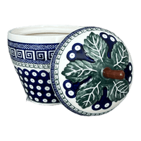 A picture of a Polish Pottery Zaklady Strawberry Canister (Grecian Dot) | Y1873-D923 as shown at PolishPotteryOutlet.com/products/8-strawberry-canister-geometric-peacock-y1873-d923