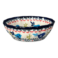 A picture of a Polish Pottery Zaklady Scalloped 6.25" Bowl (Circling Bluebirds) | Y1891A-ART214 as shown at PolishPotteryOutlet.com/products/zaklady-scalloped-6-25-bowl-circling-bluebirds-y1891a-art214