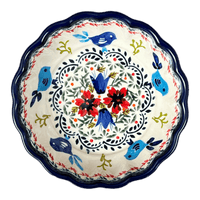 A picture of a Polish Pottery Zaklady Scalloped 6.25" Bowl (Circling Bluebirds) | Y1891A-ART214 as shown at PolishPotteryOutlet.com/products/zaklady-scalloped-6-25-bowl-circling-bluebirds-y1891a-art214
