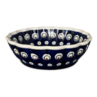 A picture of a Polish Pottery Zaklady Scalloped 6.25" Bowl (Peacock Burst) | Y1891A-D487 as shown at PolishPotteryOutlet.com/products/zaklady-scalloped-6-25-bowl-peacock-burst-y1891a-d487