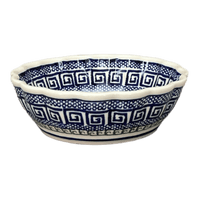 A picture of a Polish Pottery Bowl, Round, Scalloped, 6.25" in "Grecian Dot" by Zaklady | Y1891A-D923 as shown at PolishPotteryOutlet.com/products/6-25-scalloped-bowl-geometric-peacock-y1891a-d923