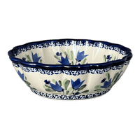 A picture of a Polish Pottery Zaklady Scalloped 7" Bowl (Blue Tulips) | Y1892A-ART160 as shown at PolishPotteryOutlet.com/products/zaklady-scalloped-7-bowl-blue-tulips-y1892a-art160