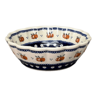 A picture of a Polish Pottery Zaklady Scalloped 7" Bowl (Persimmon Dot) | Y1892A-D479 as shown at PolishPotteryOutlet.com/products/zaklady-scalloped-7-bowl-peacock-peaches-cream-y1892a-d479