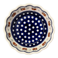 A picture of a Polish Pottery Zaklady Scalloped 7" Bowl (Persimmon Dot) | Y1892A-D479 as shown at PolishPotteryOutlet.com/products/zaklady-scalloped-7-bowl-peacock-peaches-cream-y1892a-d479