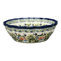 A picture of a Polish Pottery Zaklady Scalloped 7" Bowl (Floral Swallows) | Y1892A-DU182 as shown at PolishPotteryOutlet.com/products/7-scalloped-bowl-du182-y1892a-du182