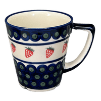A picture of a Polish Pottery Zaklady 14 oz. Tulip Mug (Strawberry Dot) | Y1920-A310A as shown at PolishPotteryOutlet.com/products/14-oz-tulip-mug-strawberry-dot-y1920-a310a