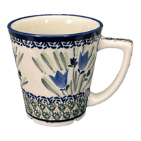 A picture of a Polish Pottery Zaklady 14 oz. Tulip Mug (Blue Tulips) | Y1920-ART160 as shown at PolishPotteryOutlet.com/products/tulip-mug-blue-tulips-y1920-art160
