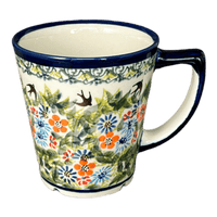 A picture of a Polish Pottery Zaklady 14 oz. Tulip Mug (Floral Swallows) | Y1920-DU182 as shown at PolishPotteryOutlet.com/products/14-oz-tulip-mug-du182-y1920-du182