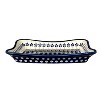 A picture of a Polish Pottery Angular Serving Dish (Petite Floral Peacock) | Y1935A-A166A as shown at PolishPotteryOutlet.com/products/10-x-7-angular-serving-dish-floral-peacock-y1935a-a166a