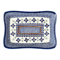 A picture of a Polish Pottery Angular Serving Dish (Blue Mosaic Flower) | Y1935A-A221A as shown at PolishPotteryOutlet.com/products/angular-serving-dish-blue-mosaic-flower-y1935a-a221a