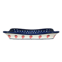A picture of a Polish Pottery Zaklady Angular Serving Dish (Strawberry Dot) | Y1935A-A310A as shown at PolishPotteryOutlet.com/products/10-x-7-angular-serving-dish-strawberry-dot-y1935a-a310a