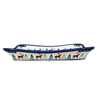 A picture of a Polish Pottery Angular Serving Dish (Evergreen Moose) | Y1935A-A992A as shown at PolishPotteryOutlet.com/products/10-x-7-angular-serving-dish-evergreen-moose-y1935a-a992a