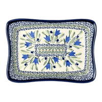 A picture of a Polish Pottery Angular Serving Dish (Blue Tulips) | Y1935A-ART160 as shown at PolishPotteryOutlet.com/products/angular-serving-dish-blue-tulips-y1935a-art160
