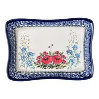 A picture of a Polish Pottery Zaklady Angular Serving Dish (Floral Crescent) | Y1935A-ART237 as shown at PolishPotteryOutlet.com/products/angular-serving-dish-fields-of-flowers-y1935a-art237