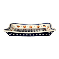 A picture of a Polish Pottery Zaklady Angular Serving Dish (Persimmon Dot) | Y1935A-D479 as shown at PolishPotteryOutlet.com/products/angular-serving-dish-peacock-peaches-cream-y1935a-d479