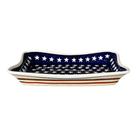 A picture of a Polish Pottery Zaklady Angular Serving Dish (Stars & Stripes) | Y1935A-D81 as shown at PolishPotteryOutlet.com/products/angular-serving-dish-stars-stripes-y1935a-d81