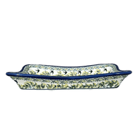 A picture of a Polish Pottery Zaklady 10" x 7" Angular Serving Dish (Floral Swallows) | Y1935A-DU182 as shown at PolishPotteryOutlet.com/products/10-x-7-angular-serving-dish-floral-swallows-y1935a-du182