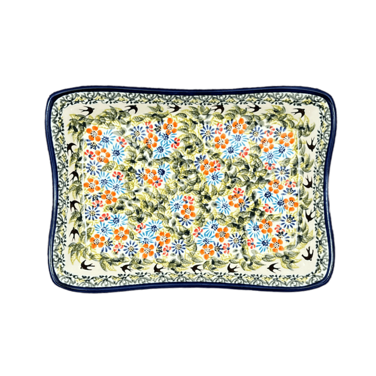 Serving Dish, Angular, 10" x 7" in "Floral Swallows" by Zaklady | Y1935A-DU182