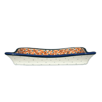 A picture of a Polish Pottery Zaklady Angular Serving Dish (Orange Wreath) | Y1935A-DU52 as shown at PolishPotteryOutlet.com/products/10-x-7-angular-serving-dish-du52-y1935a-du52