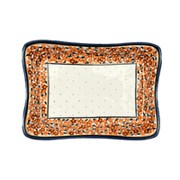 A picture of a Polish Pottery Angular Serving Dish (Orange Wreath) | Y1935A-DU52 as shown at PolishPotteryOutlet.com/products/10-x-7-angular-serving-dish-du52-y1935a-du52