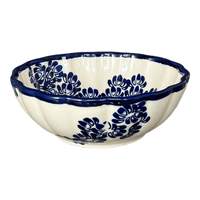 A picture of a Polish Pottery 7" Blossom Bowl (Blue Floral Vines) | Y1946A-D1210A as shown at PolishPotteryOutlet.com/products/wavy-7-bowl-blue-floral-vines-y1946a-d1210a