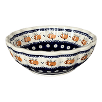 A picture of a Polish Pottery Zaklady 7" Blossom Bowl (Persimmon Dot) | Y1946A-D479 as shown at PolishPotteryOutlet.com/products/wavy-7-bowl-peacock-peaches-cream-y1946a-d479