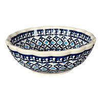 A picture of a Polish Pottery Zaklady 7" Blossom Bowl (Mosaic Blues) | Y1946A-D910 as shown at PolishPotteryOutlet.com/products/wavy-7-bowl-mosaic-blues-y1946a-d910