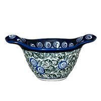 A picture of a Polish Pottery Zaklady Small Bowl W/Handles (Spring Swirl) | Y1971A-A1073A as shown at PolishPotteryOutlet.com/products/3-5-small-bowl-w-handles-spring-swirl-y1971a-a1073a